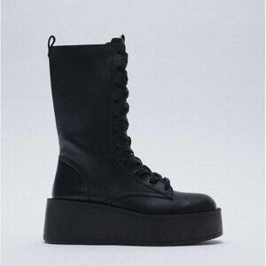 Zara Black Flat Leather Platform Combat Boots